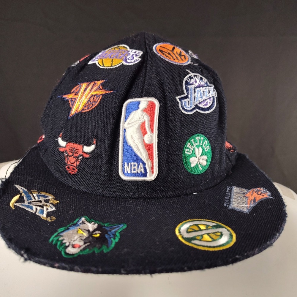 Adidas NBA ball cap hat all over patches 7 frayed flawed Pistons Nets Hornets